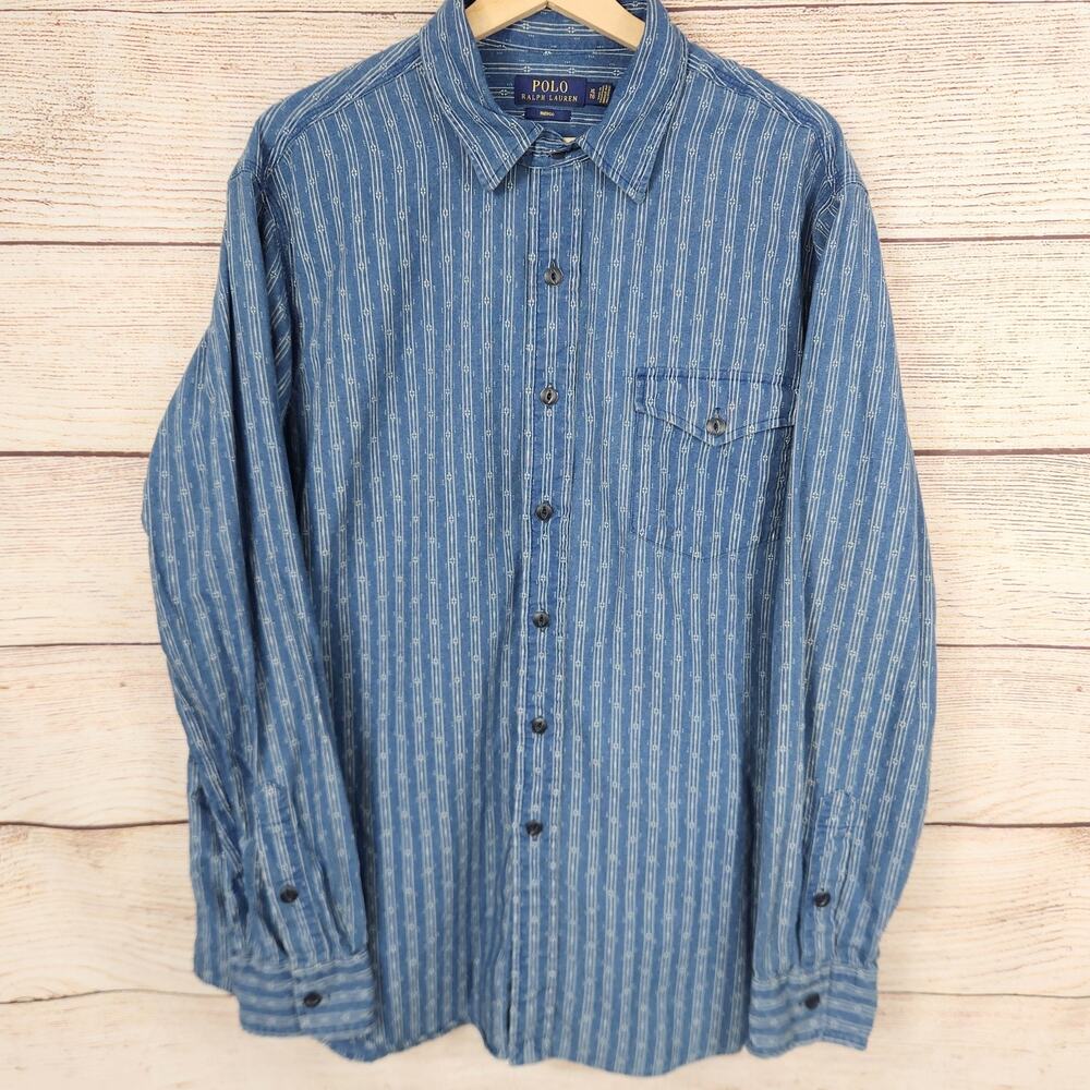 Polo Ralph Lauren Button Down Shirt XL Indigo Blue Stripe Acid Wash Classic Fit